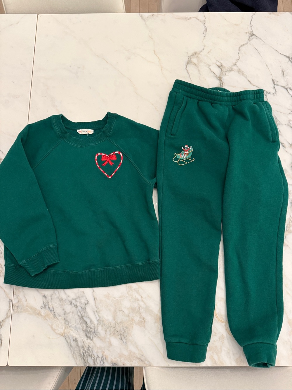 Roller Rabbit Green Kids Sweatshirt & Joggers Set with Heart and Sled Embroidery